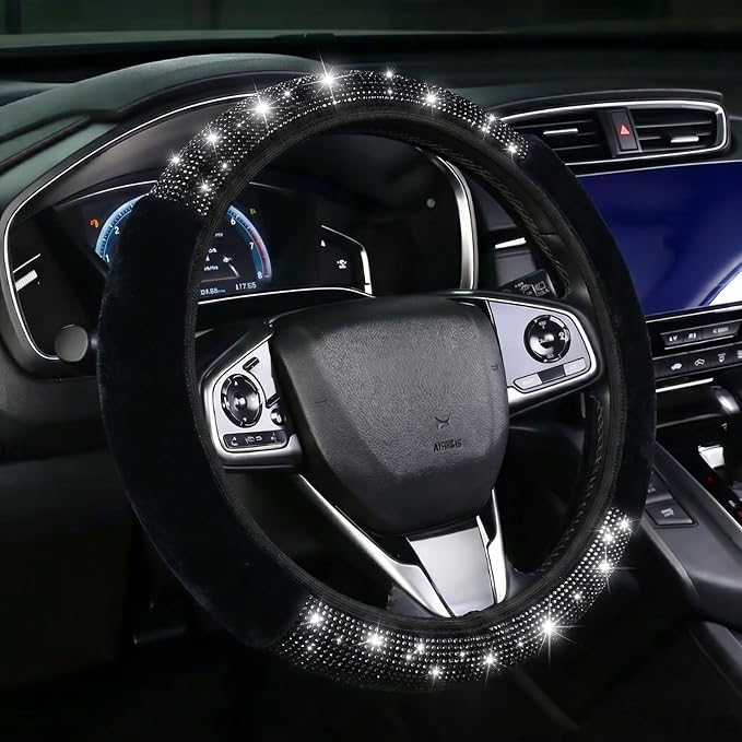 Black Bling Steering Wheel Cover Fluffy Rhinestone for Women Girls | Diamond Elastic Car Steering Wheel Accessories Sparkling Fur Steering Wheel Protector Winter Warm Universal Fit 14-15 inch