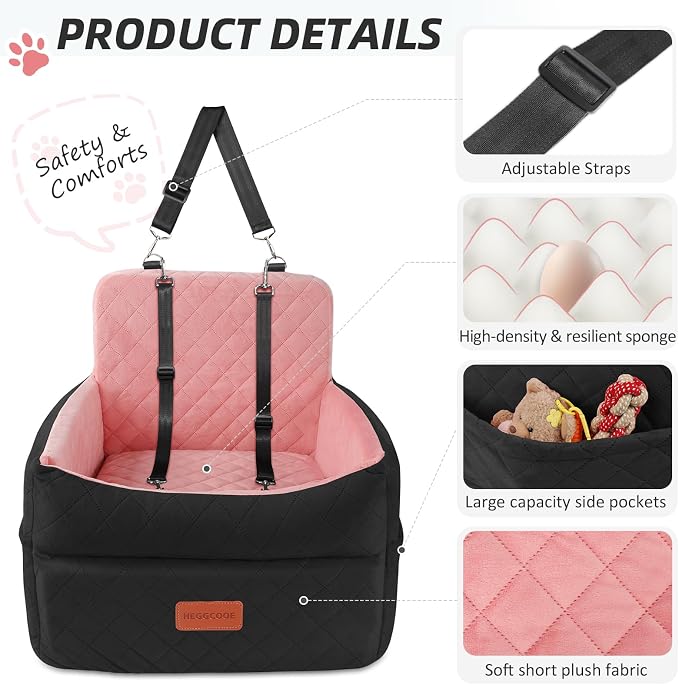 HEGGCOOE Dog Car Seat for Small Medium Dogs, Memory Foam Puppy Dog Booster Seat with Thick Cushion for Dogs Under 35lbs, Detachable Washable Pet Car Seat Travel Bed with Storage Pockets,2 Safety Belts
