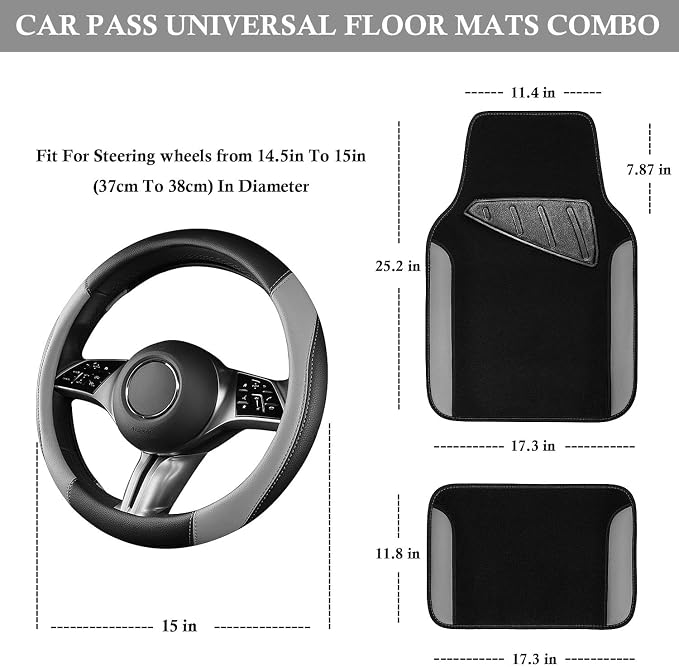 Faux Leather Steering Wheel Cover and Waterproof Car Floor Mats,Universal Car Combo Fit for 95% Sedan,SUV,Cars,14.5-15inch Sporty Anti-Slip Safety Comfortable Design(Black＆Gray)
