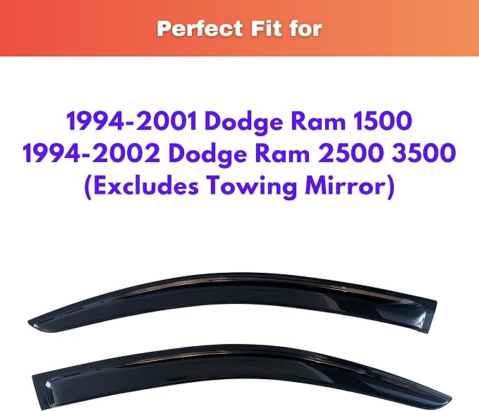 KPY Rain Guards Fit for 1994-2001 Dodge Ram 1500, Out-Channel Window Visors Vent Wind Deflectors 2PC, Truck Accessories for 94-02 Dodge Ram 2500 3500 (Excludes Towing Mirror)
