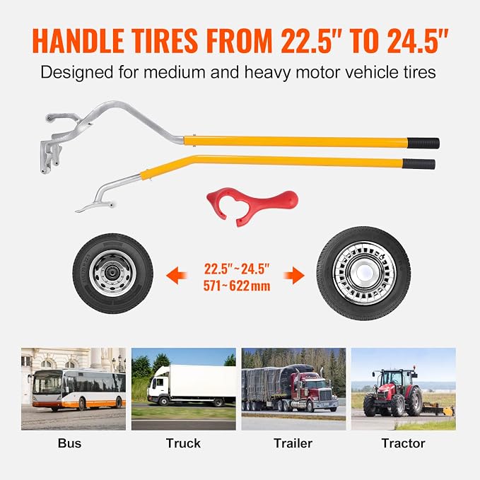 Steel Tire Mount Demount Tool 22.5" to 24.5" Semi Tire Changing Tool with Extra Bead Holder, Tubeless Truck Bead Breaker Manual Tire Changing Tools for Car Repairing (Yellow)