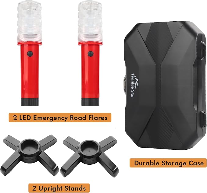 LED Emergency Roadside Flares Kit, Set of 2 | Safety Strobe Road Warning Light, Highway Beacon Alert Flare, Magnetic Base, Detachable Stand, Solid Storage Case
