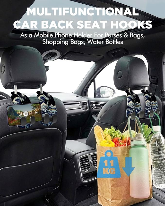 Purse Holder for Car, 2 Pack Heavy Duty Purse Hanger for Car, PU Leather Car Seat Hooks for Purses and Bags, Cute Wave Headrest Organizer for Handbags & Backpacks