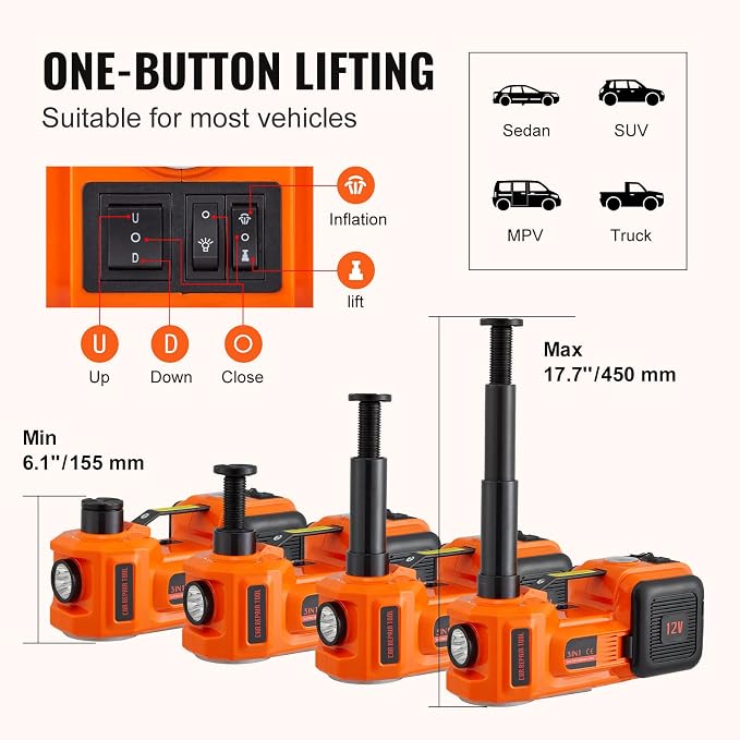 Electric Car Jack, 5 Ton/11023 LBS Hydraulic Jack Lift with Built-in Inflatable Pump and LED Light