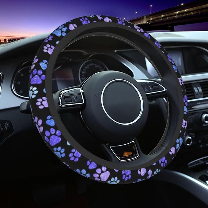 Paw Prints Steering Wheel Cover - Purple Dog Paw Steering Wheel Cover Anti-Slip Breathable 15 Inch Universal 2 Pcs Car Interior Cup Holder Pad for Men Women