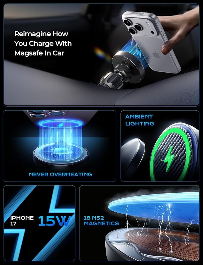 15W MagSafe Car Mount Charger,[Carbon Fiber] Magnetic Wireless Car Charger, Dashboard & Air Vent Car Phone Mounts, Magnetic Phone Holder for Car Mount for iPhone 17/16/15/14/13/12, Samsung Pixel | Carbon Fiber 15W Magsafe Car Mount Charger, 2 in...