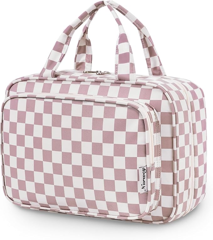 Travel Toiletry Bag for Women Large Hanging Makeup Bag Organizer Toiletries Bag for Full Size Essentials Accessories Cosmetics (Dusty Pink Checkerboard (Large))