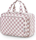 Travel Toiletry Bag for Women Large Hanging Makeup Bag Organizer Toiletries Bag for Full Size Essentials Accessories Cosmetics (Dusty Pink Checkerboard (Large))