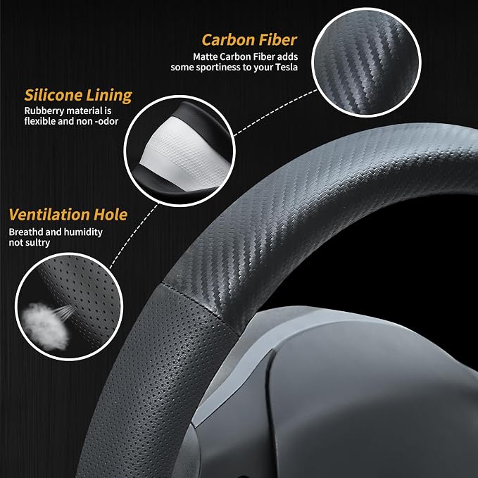 Carbon Fiber Leather Steering Wheel Cover for Tesla Model 3/Y 2016-2025 2026 Juniper/Highland, Non-Slip Breathable Steering Wheel Protector for Tesla Model 3/Y Accessories 2026