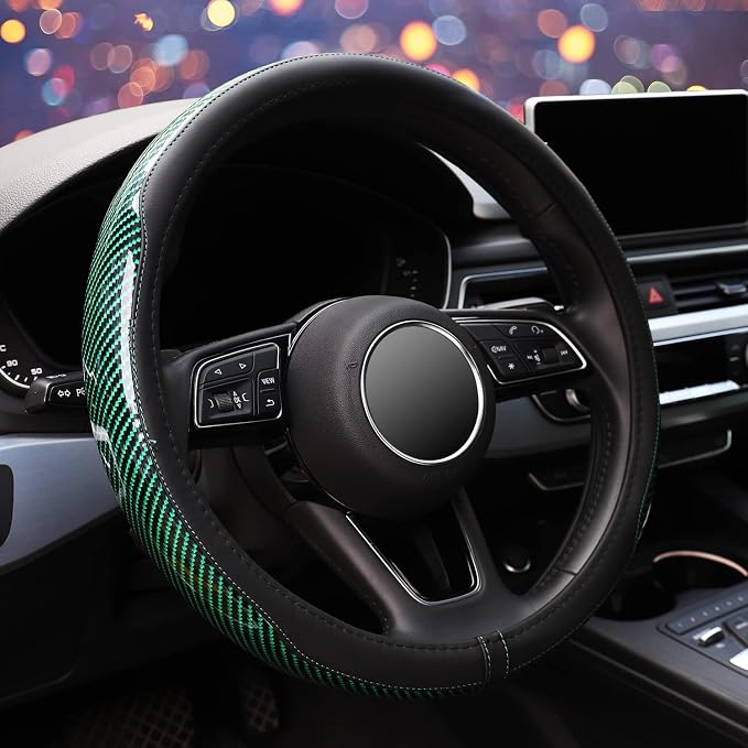 Carbon Fiber Steering Wheel Cover, Universal 15 Inch Microfiber Leather Auot Car Steering Wheel Cover for Women Men, Anti-Slip, Black&Green