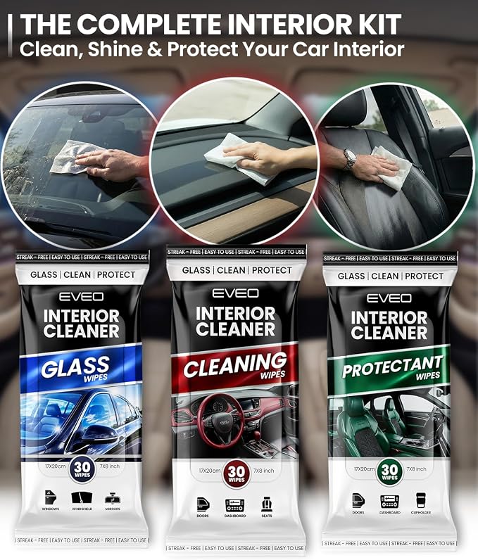 Car Wipes Interior Cleaning Kit -3-in-1 Car Cleaning Wipes Car Interior Wipes | Interior Car Wipes, Car Cleaning Kit Interior & Exterior - Protectant, Glass and Cleaning All Surfaces (90 Wipes)