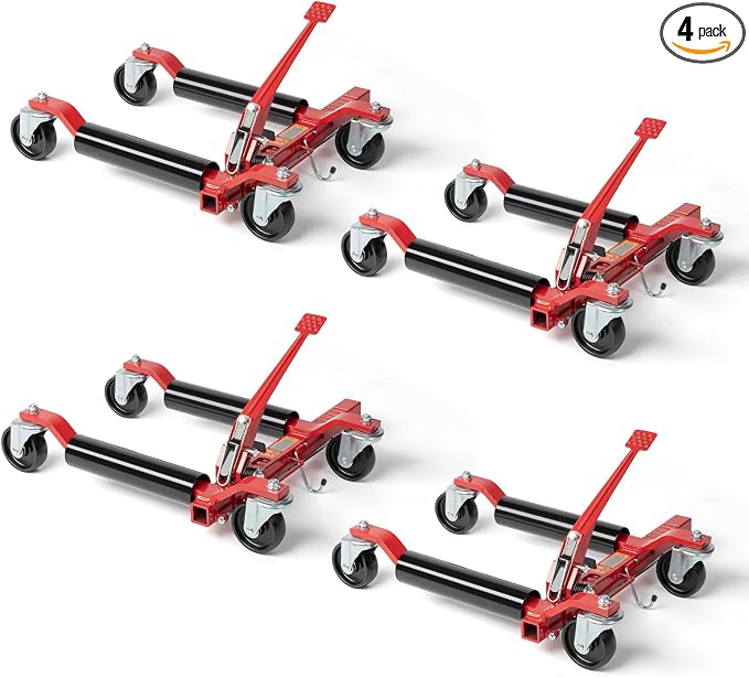 Car Wheel Dolly Jack Set of 4, Mechanical 6000-lbs Car Skates, 12'' Wheel Vehicle Positioning Jack, Heavy Duty Rollers with Ratcheting Foot Pedal for Tire Auto Repair Moving, Red