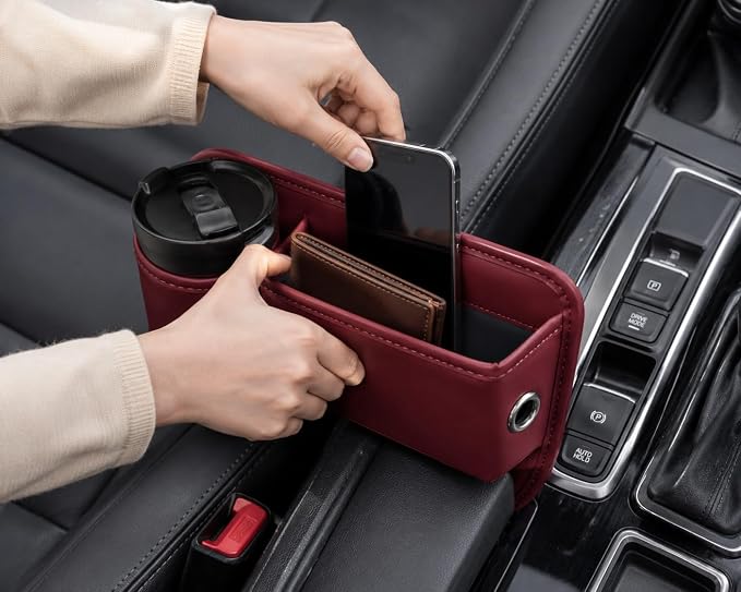 Car Seat Gap Filler Organizer with Cup Holder, Premium Leather Seat Gap Filler, Anti-Drop Car Seat Gap Organizer for Phone, Keys & Wallet, Universal Front Seat Console Organizer for Car, SUV & Truck