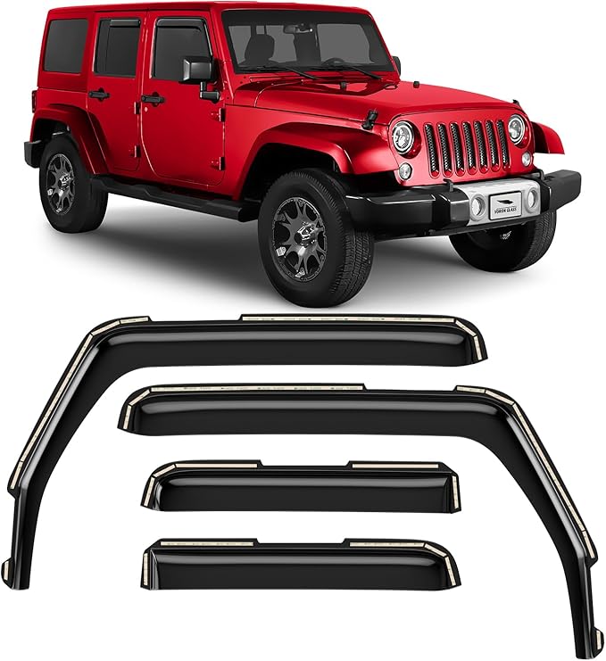 Voron Glass in-Channel Extra Durable Rain Guards for Jeep Wrangler JK 2007-2018, Window Deflectors, Vent Window Visors, 4 Pieces - 220246