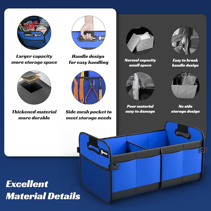Trunk Organizer for Car - 70L Collapsible Car Storage with 11 Pockets & Reinforced Handles, SUV Trunk Organizers for Grocery Cargo(Blue)