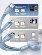 Multi Charging Cable 3 in 1 iPhone 16 Charger Cord, Retractable Car Charger Type C Cable, Retractable iPhone Charger Cord with Type C/L/Micro USB for iPhone/Samsung/PS/Kindle,Blue