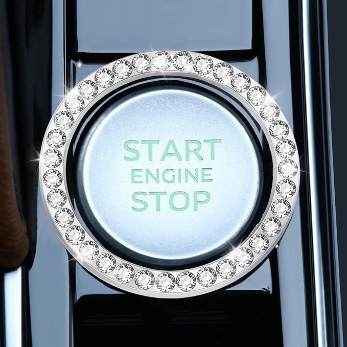 2 PCS Crystal Rhinestone Car Engine Start Stop Decoration Ring, Bling Car Interior Accessories for Women, Push to Start Button Cover Sticker, Automotive Decals, White