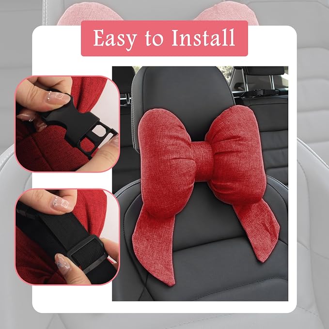Cute Bow Car Headrest Pillow,Comfortable & Breathable Car Neck Pillows for Relief Neck Fatigue,Universal Head Rest Pillow for Cars Decoration as Birthday Gifts for Women,Girl (Red/2PCS)
