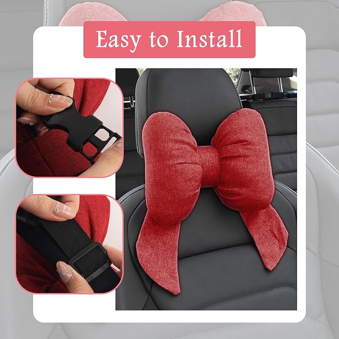Cute Bow Car Headrest Pillow,Comfortable & Breathable Car Neck Pillows for Relief Neck Fatigue,Universal Head Rest Pillow for Cars Decoration as Birthday Gifts for Women,Girl (Red)