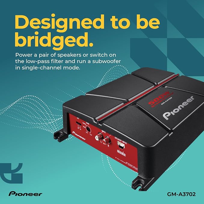 GM-A3702 2-Channel Car Amplifier – 500W Max, Class AB, Bridgeable Design, Automatic Signal Sensing and Turn-on, Built-in high-/Low-Pass Filter