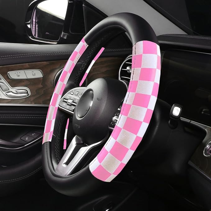 Lattice Car Steering Wheel Cover Microfiber Leather Non-Slip Comfort Universal 15 inch Checkered Plaid Wheel Protector for Truck, SUV, Cars (Black Pink)