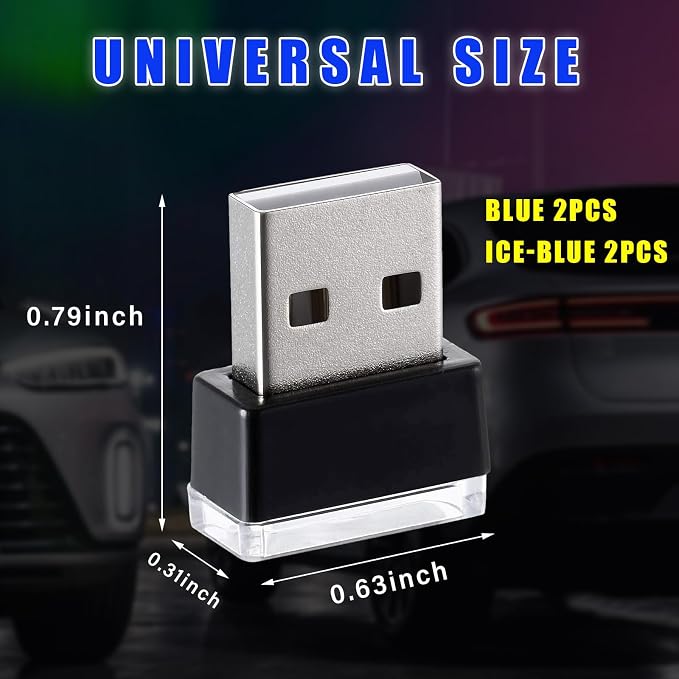 4 PCS USB LED Car Interior Atmosphere Lamp, Plug-in USB Decor Night Light, Portable Auto Ambient Lighting Kit, Universal Vehicle Interior Accessories for Most Cars (Blue & Ice Blue)
