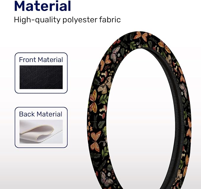 Dark Botanical Moth Steering Wheel Cover, Polyester Non-Slip Car Wheel Grip, Universal 15 Inch Auto Accessory