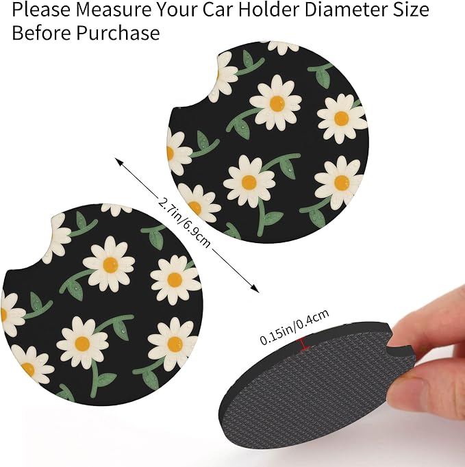 Daisy Flower Steering Wheel Cover 15 Inch + 2Pc Cute car Coasters Set | Anti-Slip Breathable Universal Car Wheel Cover Soft Comfort Grip Accessories for Women Men