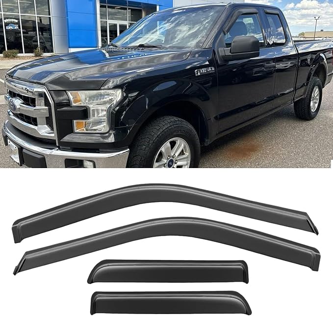 Side Window Visors Rain Guards Vent Deflectors for 2015-2025 Ford F150 Super Cab 2017-2025 F250/350 Super Duty SuperCab Rain Guards Sun Shade Dark Smoke 4PCS 94974