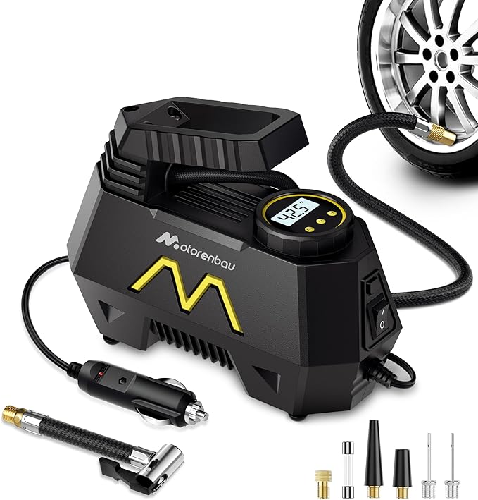Tire Inflator Portable Air Compressor, Air Pump for Car Tires, 9.84Ft Cord-12V DC-Powered Auto Pump with Digital Pressure Gauge, LED Light-Car Accessories for Car, Motorcycles, Bicycle, Ball, Balloons