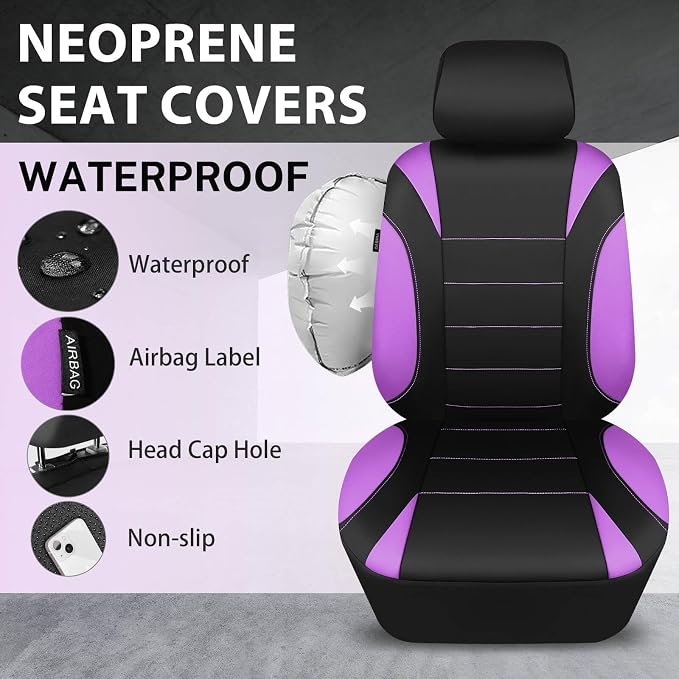 Waterproof Car Seat Covers Front Seats Only with 5mm Composite EVA, Neoprene Car Seat Cover with Separate Headrest Cover, Quick Setup Universal Fit for Car SUV Trucks,Airbag Compatible Purple