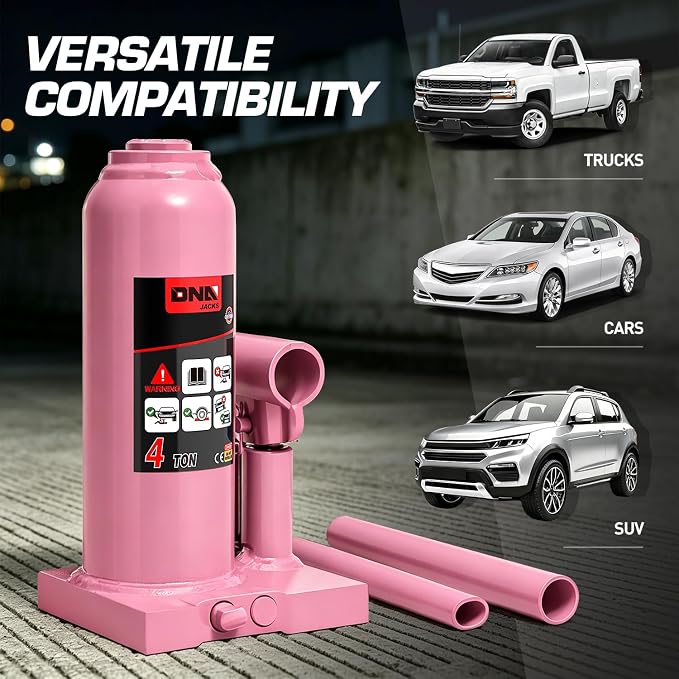 4 Ton / 8000 lbs Lifting Automotive Welded Hydraulic Bottle Jack for Car SUV Pickup, Auto Repair, with Manual Handle & Carrying Storage Case, Pink