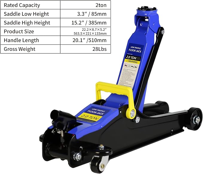 5 Piece Car Truck Floor Jack Service with Jack Stands Tire Repair Kit L-Wrench for Garages, Automotive,Repair Shops, Portable, 4,000 lbs. Capacity, Lifting Range 3.3" - 15.2",Heavy Duty Steel, Blue
