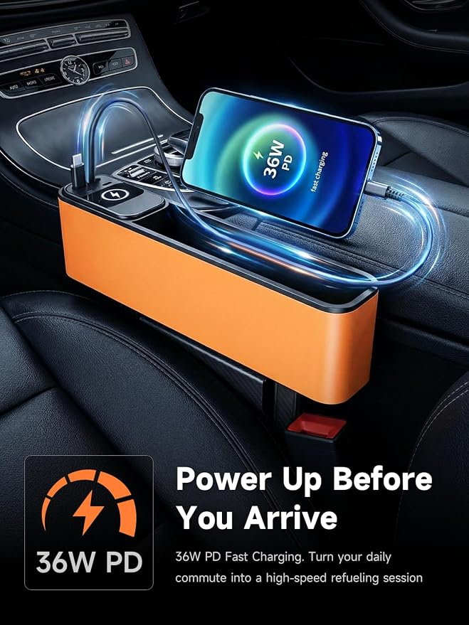 Car Seat Gap Filler Organizer with 69W Retractable Car Charger | 2 USB Ports and 2 Charging Cable Car Seat Organizer, Seat Gap Storage Box for Sedans Suv Truck, Car Interior Accessories