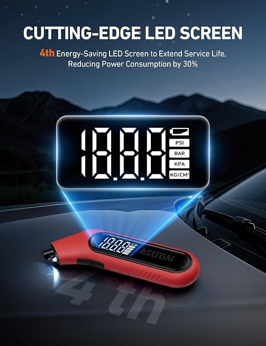 Digital Tire Pressure Gauge 3-300PSI Calibrated to ANSI B40.7 Grade 2A (0.5%), Backlight and Flashlight, Presta Valve Adaptor Included, 4 Units, AAA Batteries, Red, 2Pack