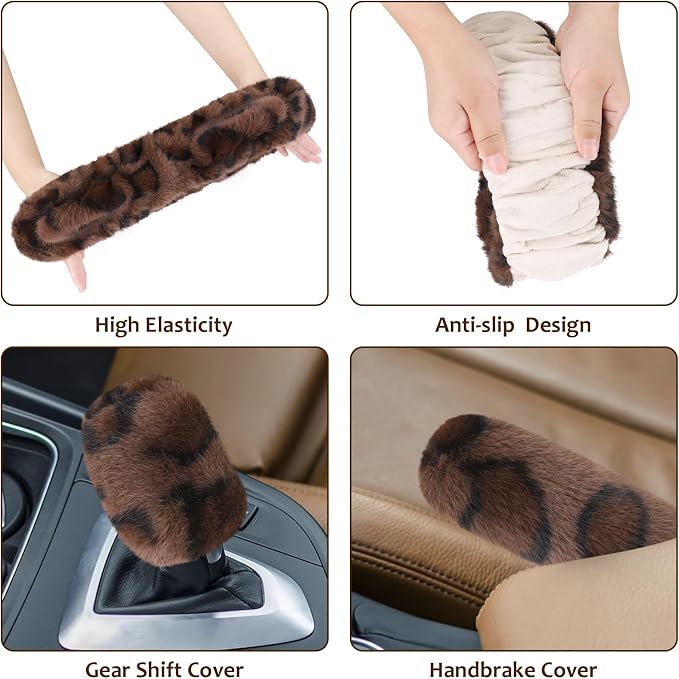 Fuzzy Car Steering Wheel Cover, Warm Fluffy Leopard Steering Wheel Cover with Cute Ears, Soft Plush Furry Car Accessories Decor for Women, Non-Slip Universal 15 inch Fit Vehicle, Truck, SUVs