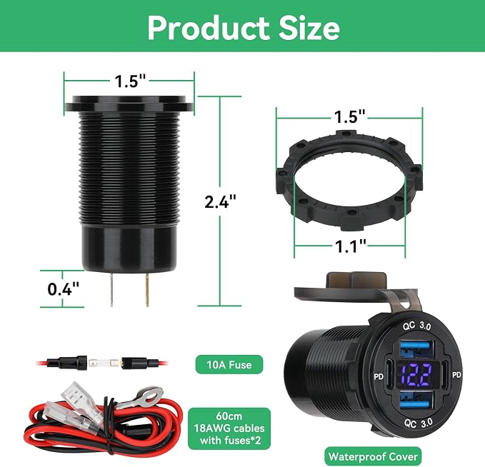2 Pack 12V USB Outlet 4-Port, 78W Dual PD30W & QC3.0 Fast Charger, Waterproof Aluminum Alloy 12v Power Outlet with Blue Voltmeter for Cars RVs Boats Golf Carts Trucks Motorcycles