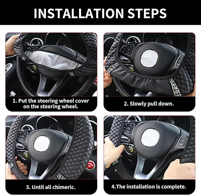 Bling Car Steering Wheel Cover, 15 Inch Rhinestones Soft Leather Elastic Steering Wheel Protector, Sparkly Crystal Diamond for Women, Car Interior Accessories for Most Cars (Black)