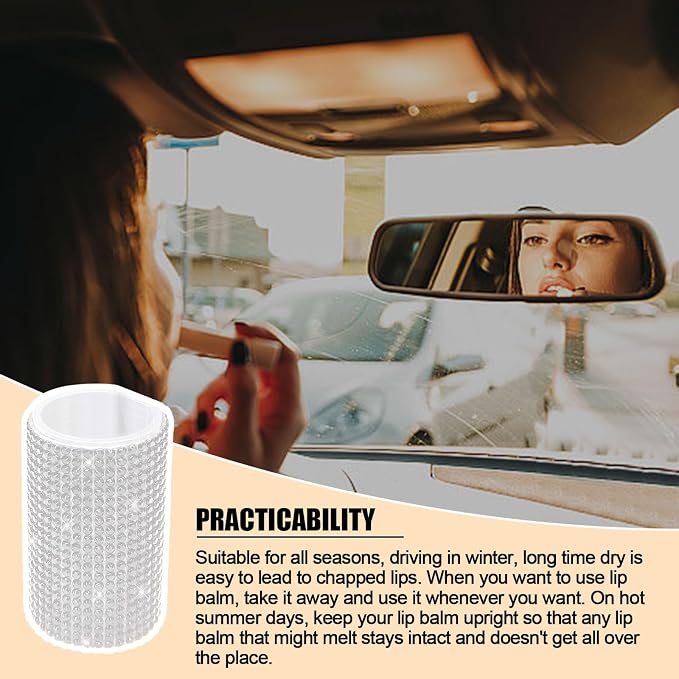 Upright Car Chapstick Holder, Bling Insulating Lip Balm Holder,Rhinestone Car Accessories for Women Interior,Suitable for Most Vehicles. (White)
