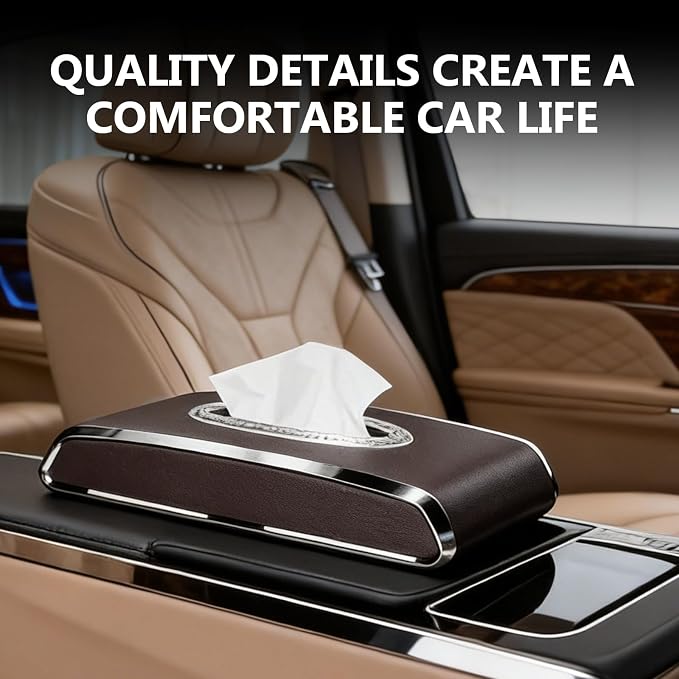 Faux Leather Car Tissue Holder for Interior, Multi-Function Tissue Box, Armrest & Back Seat Tissue Organizer, Sleek Kleenex Holder (Brown Flat)