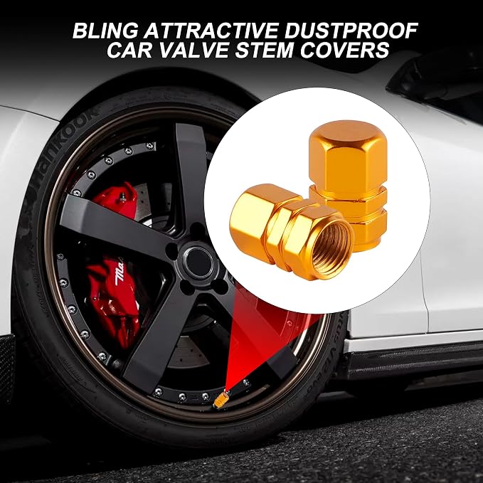 Aluminum Tire Stem Valve Caps Wheel Valve Covers Car Dustproof Tire Cap Cover Accessories, Universal for SUV, Car, Bike and Motorcycle, Hexagon Shape (4PCS Gold)