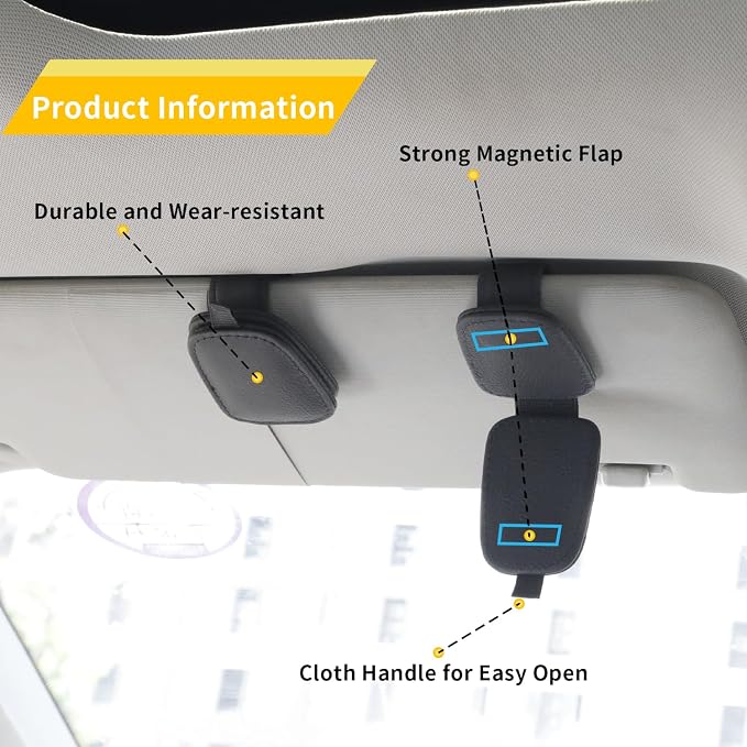 Magnetic Leather Sunglasses Holder for Car, 2 Packs (Black) | Magnetic Car Visor Accessories