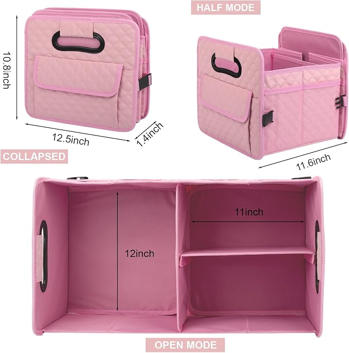 Car Trunk Organizer for SUV, Car Storage Organizer Collapsible Multi Compartment Container Box, Adjustable Car Accessories for Women/Men, Pink
