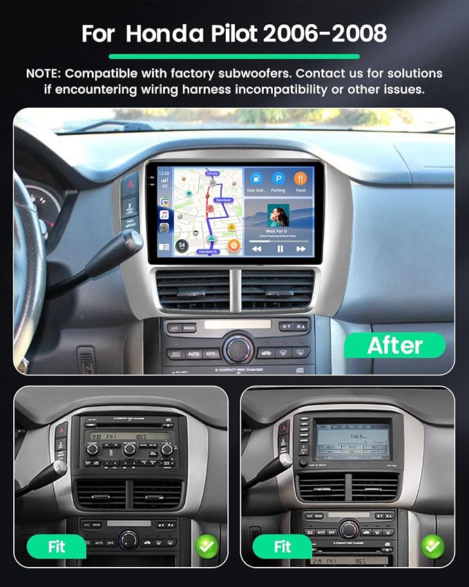 4+128G Radio for Honda Pilot 2006 2007 2008, 9" 1280 * 720 Touch Screen for Pilot Bluetooth Radio with Wireless CarPlay, 5GHz WiFi, Bluetooth 5.0, EQ, GPS Navigation, DSP, FM/RDS, Backup Camera
