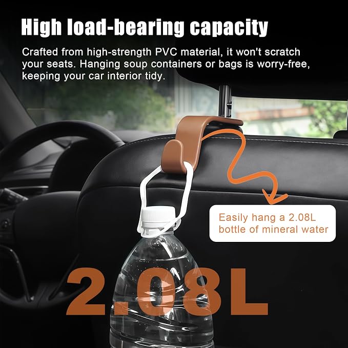 Purse Hook for Car, 4 PCS Car Purse Hook Headrest Hooks, 360° Rotatable Back Seat Storage Organizer, Universal Vehicle Seat Hanger for Purses, Handbags, Grocery Bags, Water Bottles, Brown