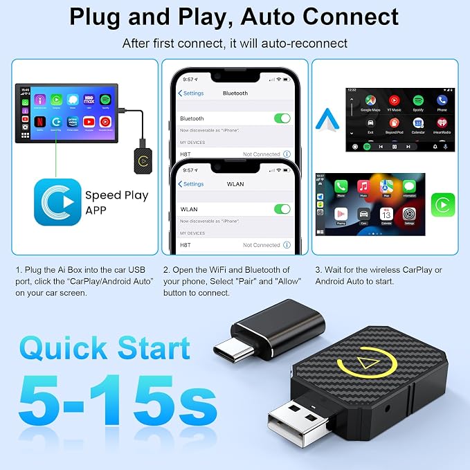 2-in-1 Wireless CarPlay and Android Auto Adapter, CarPlay Dongle Converts Wired to Wireless, Mini USB Design for Cars with Built-in Wired Apple CarPlay, Plug & Play, Auto-Connect for iPhone & Android
