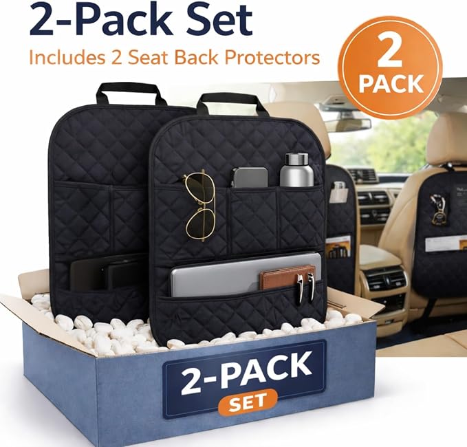 2 Pack Car Back Seat Cover 3 Pocket + 1 XLarge Pocket Organizer Protector from Dirt Scratches Mud Fit All Automotive Model Waterproof Durable Preventing the Impact of Children Kick 17"x25"