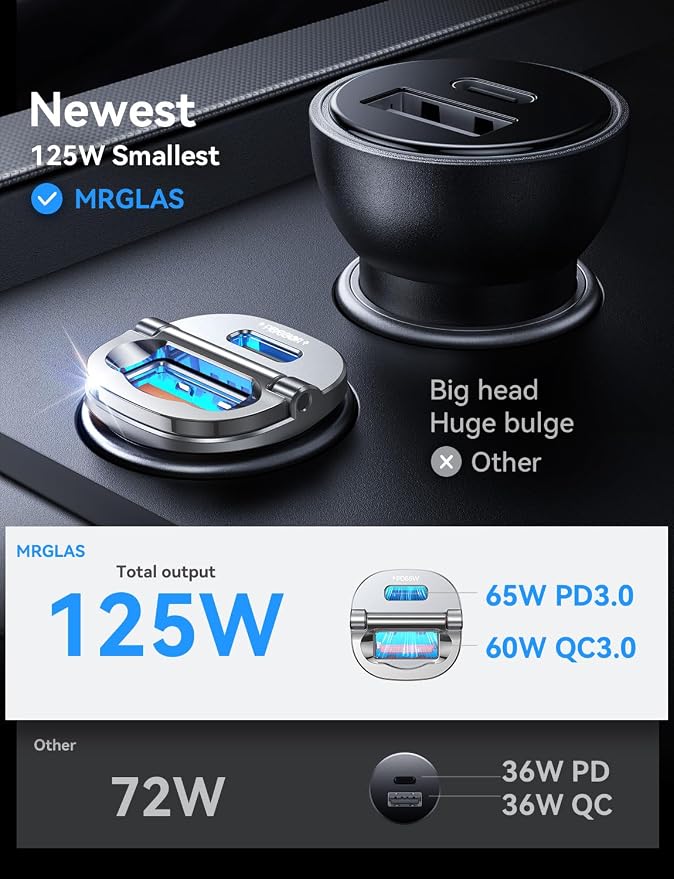 125W USB C Car Charger, [Mini & Metal] USB C Car Charger Adapter Fast Charging PD65W & QC60W Dual Port Type C Cigarette Lighter USB Charger for iPhone 16 15 Pro Max S25 MacBook-Silver Gray