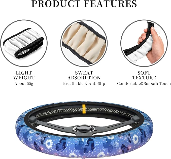 Blue Butterfly Steering Wheel Cover for Women Girls Flower Universal 15 inch Neoprene Anti-Slip Car Wheel Protector