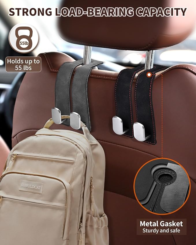 Headrest Hooks for Car, 4 Pack Car Seat Back Organizer Storage Hook, Double Hook Car Seat Hooks for Hanger Purses and Bags, Leather Purse Holder for Car, Grey